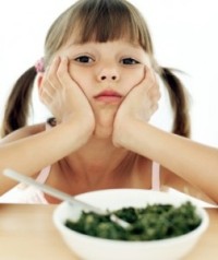 Unhappy Child with Food ve green crying girl